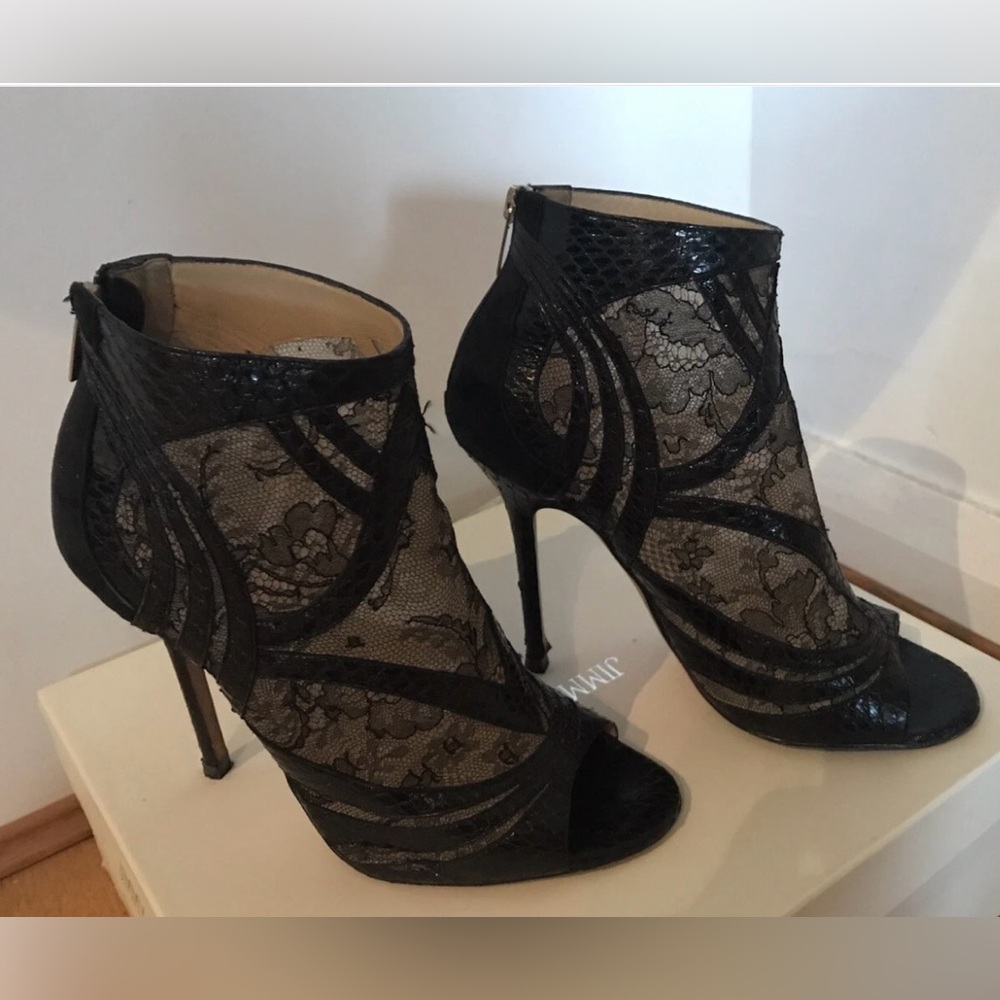 Jimmy Choo Black Lace Peep-Toe Heels